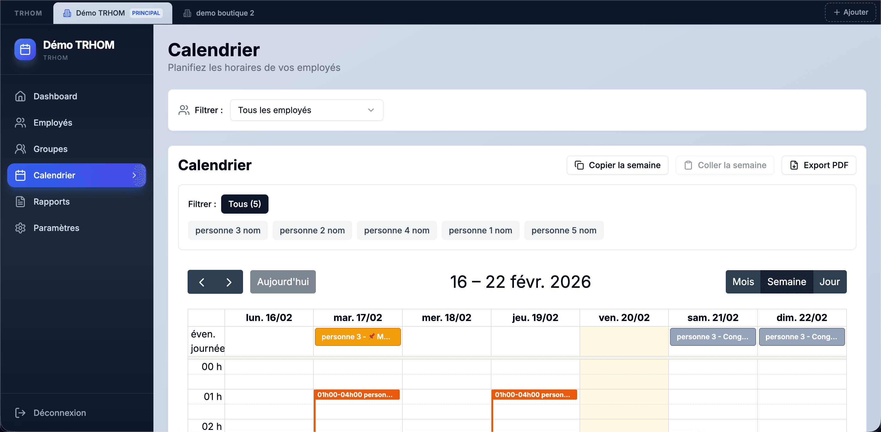 Espace employé TRHOM — planning personnel et suivi des heures